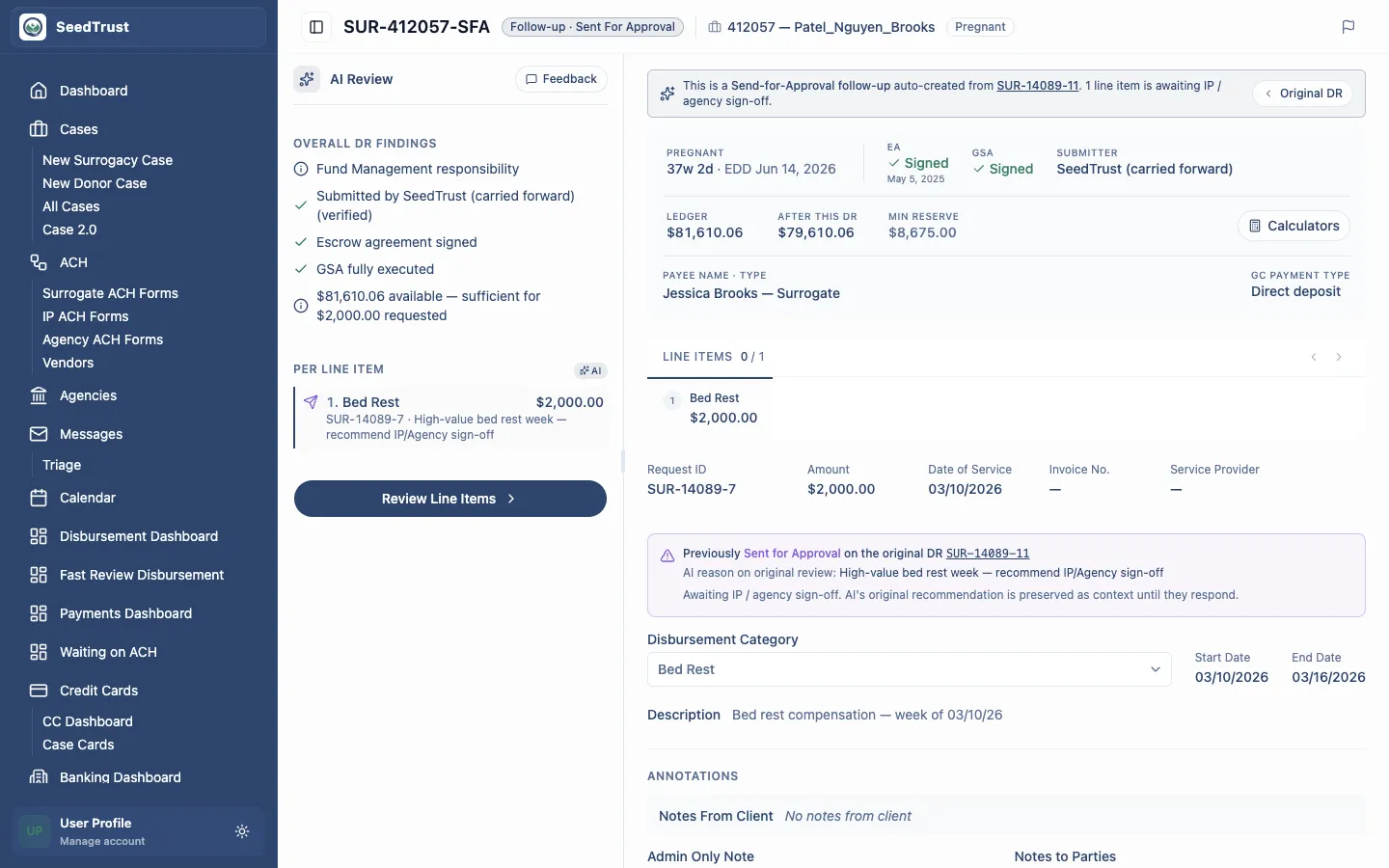 Send-for-approval follow-up DR with filtered line items
