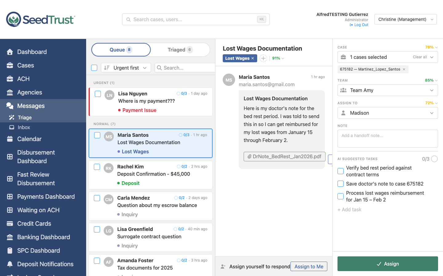 Triage detail showing AI confidence scores and assignment panel