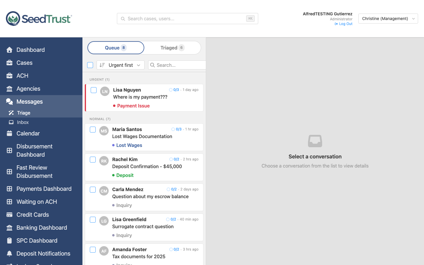 Triage queue showing incoming conversations with urgency sorting and tag badges